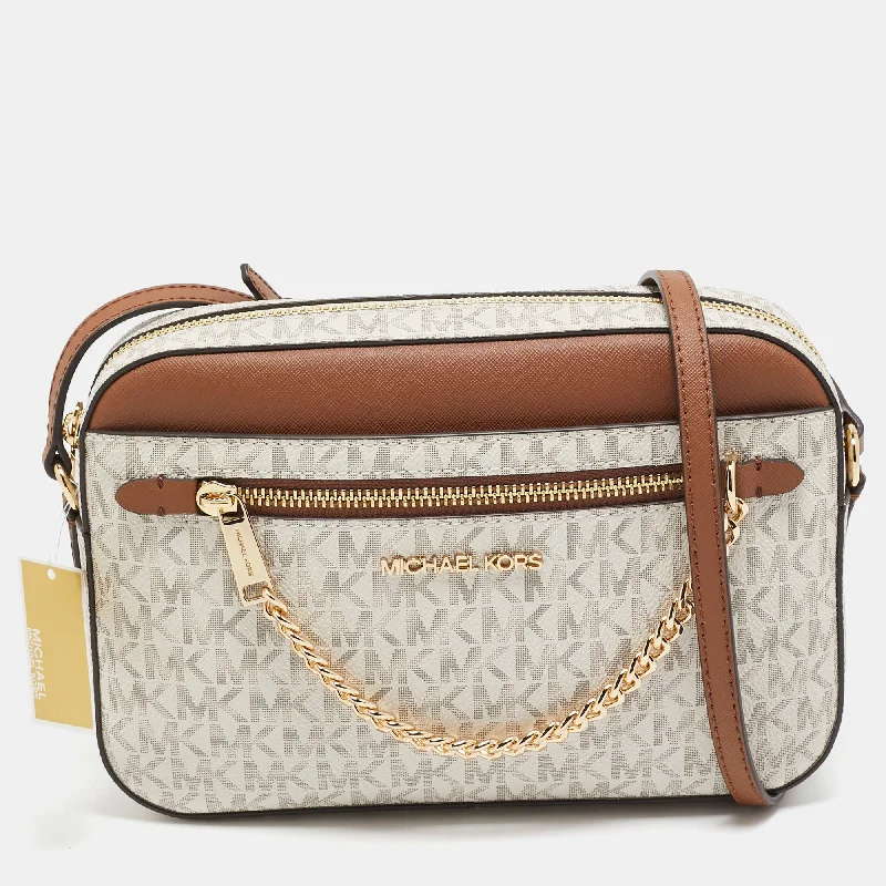 Michael Michael Kors backpacks for students and travelersWhite/Brown Signature Coated Canvas and Leather Jet Set Item Crossbody Bag