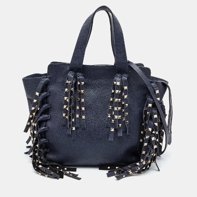 Valentino leather crossbody bags for womenBlue Leather C-Rockee Fringe Tote