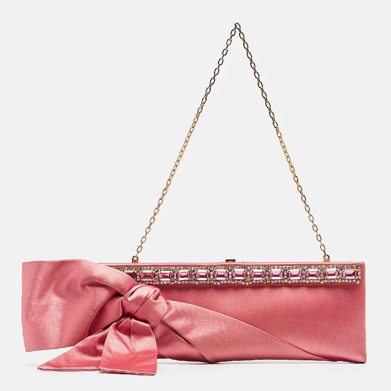 Valentino bags for travel and vacationsPink Satin Crystal Embellished Bow Chain Clutch