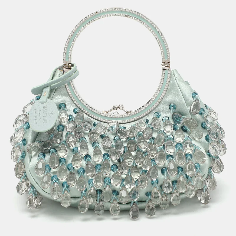 Valentino bags for travel and vacationsBlue Satin Embellished Raindrop Evening Satchel