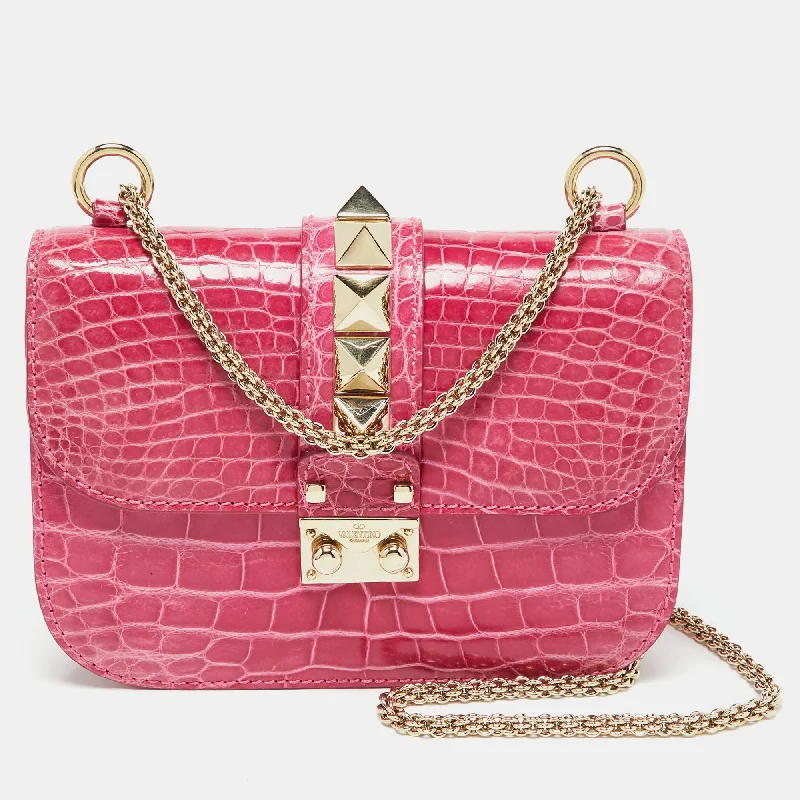 Valentino bags with signature studded accentsPink Crocodile Small Glam Lock Shoulder Bag