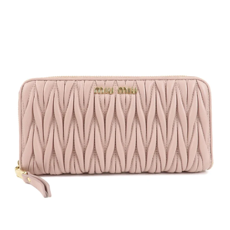 MIU MIU bags with bold patternsMIU MIU Matelasse Leather Round Zipper Long Wallet Pink Beige