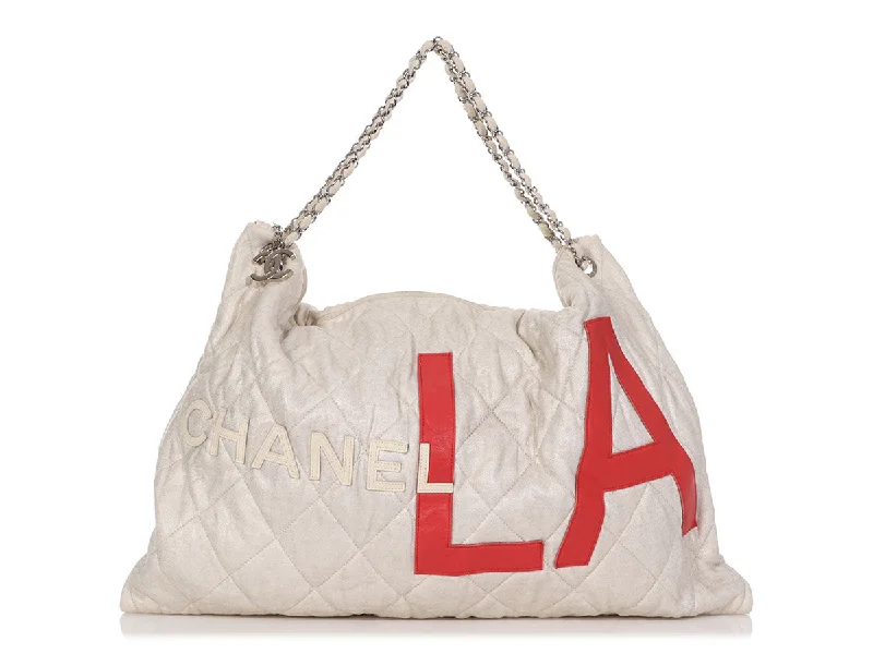 Chanel Designer Handbag with Unique DesignChanel Large Beige Quilted Fabric LA Tote