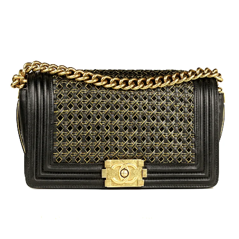 Chanel bags with gold, silver, and pearl accentsChanel Boy Bag Medium Black Braided Sheepskin Gold Hardware