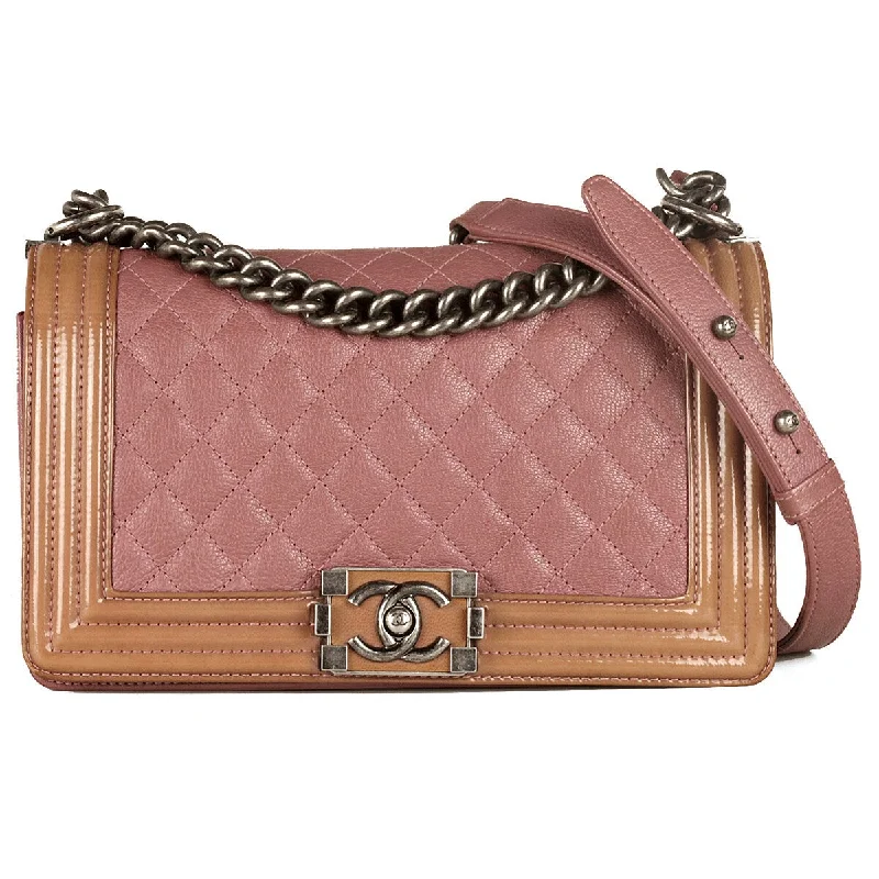 Chanel bags in luxury boutiques worldwideChanel Boy Bag Quilted Calfkin and Patent Leather Medium Duo Ruthenium Hardware