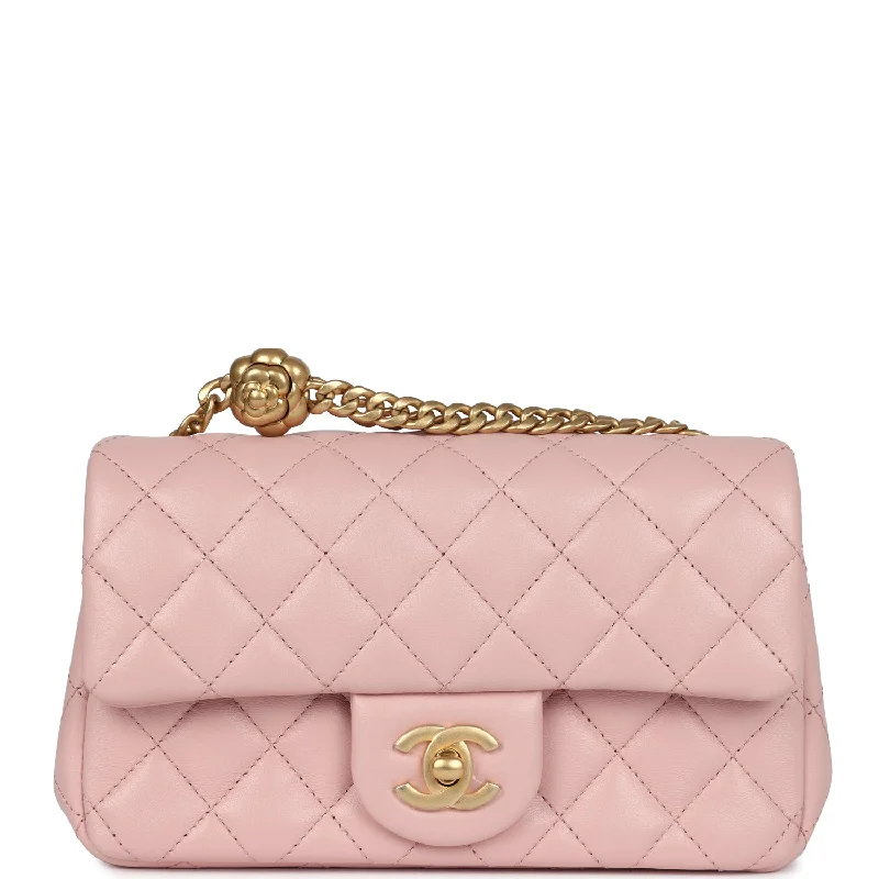 Chanel classicChanel Mini Camellia Crush Rectangular Flap Rose Clair Lambskin Antique Gold Hardware