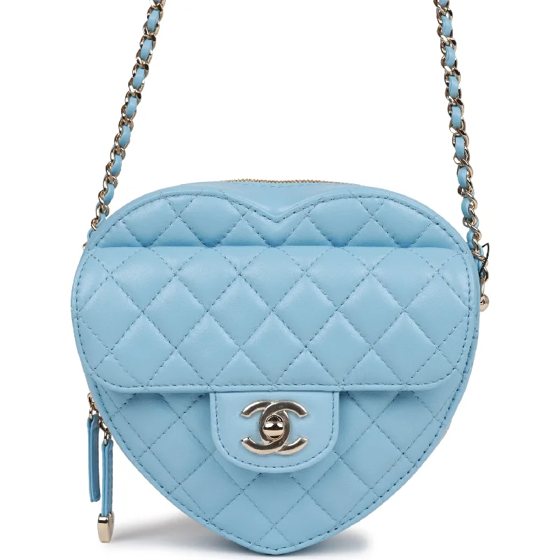 Chanel bags with leather and tweed combinationsChanel CC In Love Large Heart Bag Blue Lambskin Light Gold Hardware