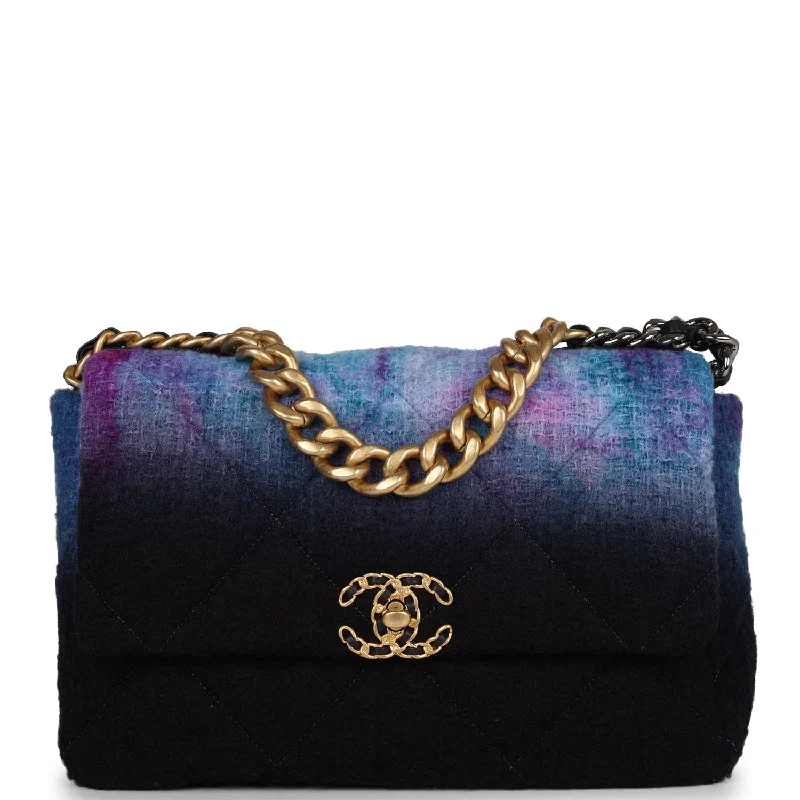 Chanel leather bags for everydChanel Large 19 Flap Bag Purple and Blue Wool Tweed Mixed Hardware