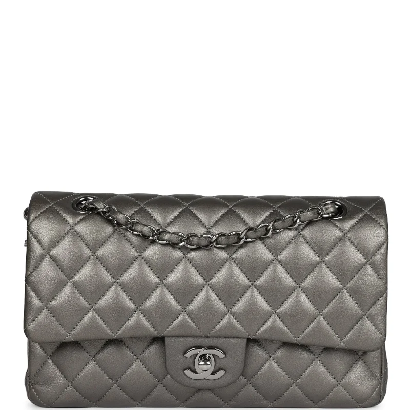 Chanel Handbag with Adjustable Strap for ComfortPre-owned Chanel Medium Classic Double Flap Bag Metallic Grey Lambskin Silver Hardware