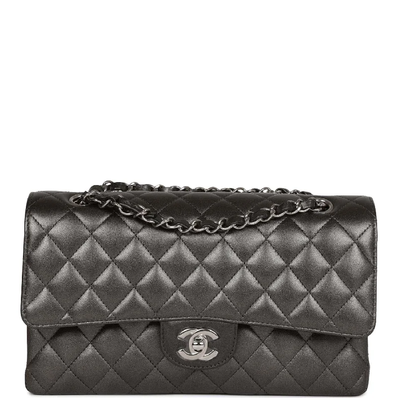 Chanel bags as wedding day accessoriesChanel Medium Classic Double Flap Bag Metallic Grey Lambskin Silver Hardware