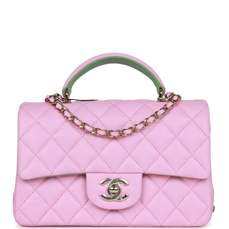 Chanel classicChanel Mini Rectangular Flap with Top Handle Pink and Green Lambskin Light Gold Hardware