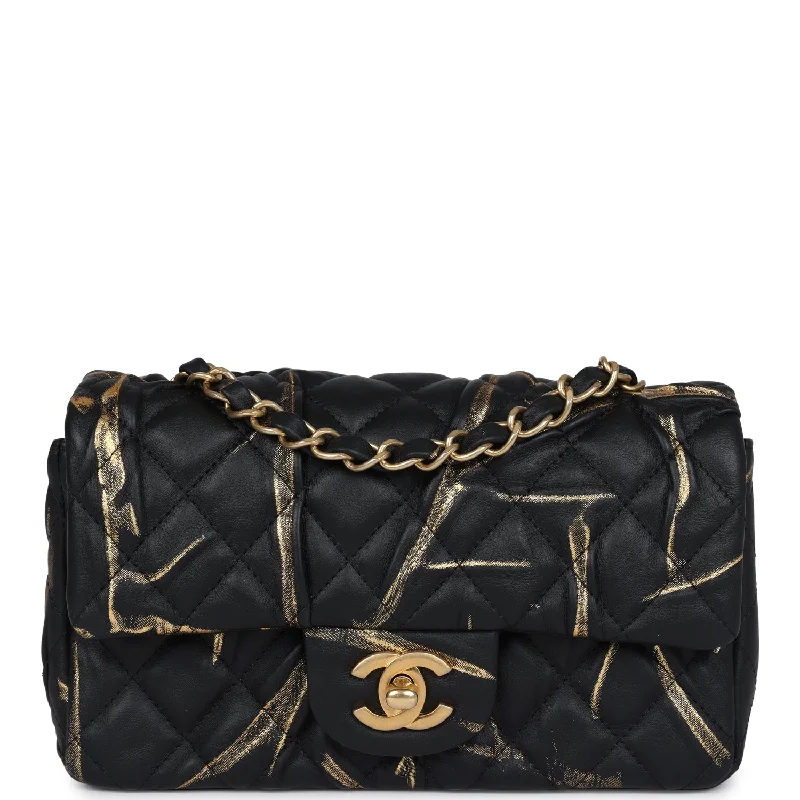 Chanel bags available at online luxury retaileChanel Mini Rectangular Flap Black and Gold Aged Calfskin Antique Gold Hardware