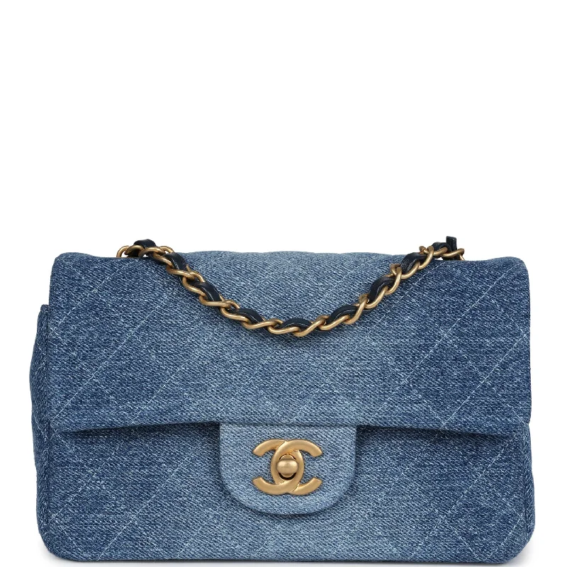 Chanel bags with gold, silver, and pearl accentsChanel Mini Rectangular Flap Bag Blue Denim Antique Gold Hardware