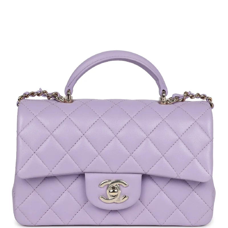 Chanel bags available at online luxury retaileChanel Mini Rectangular Flap Bag with Top Handle Lilac Lambskin Light Gold Hardware