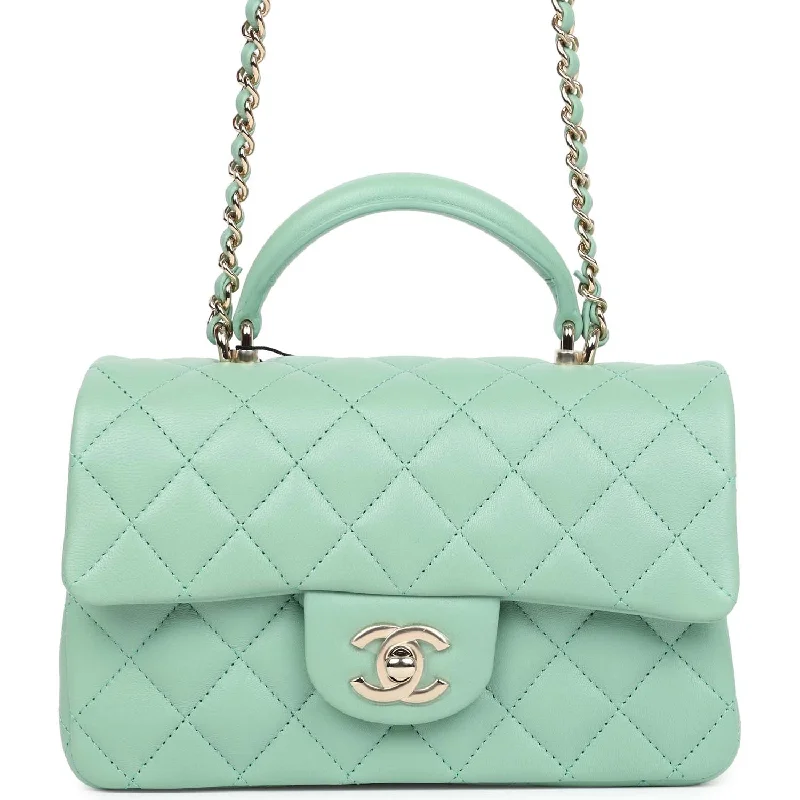 Chanel bags with intricate metal hardwareChanel Mini Rectangular Top Handle Flap Bag Light Green Lambskin Light Gold Hardware