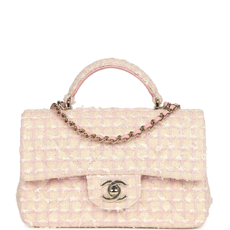 Chanel bags with gold, silver, and pearl accentsChanel Mini Rectangular Top Handle Flap Pink and White Tweed Light Gold Hardware