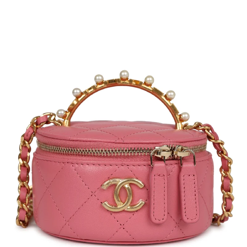 Chanel leather bags for everydChanel Mini Round Top Handle Vanity Case Dark Pink Lambskin Gold Hardware