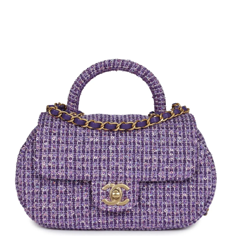 Chanel Limited Edition Handbag for CollectorsChanel Mini Sequin Flap Bag with Top Handle Purple Tweed Antique Gold Hardware