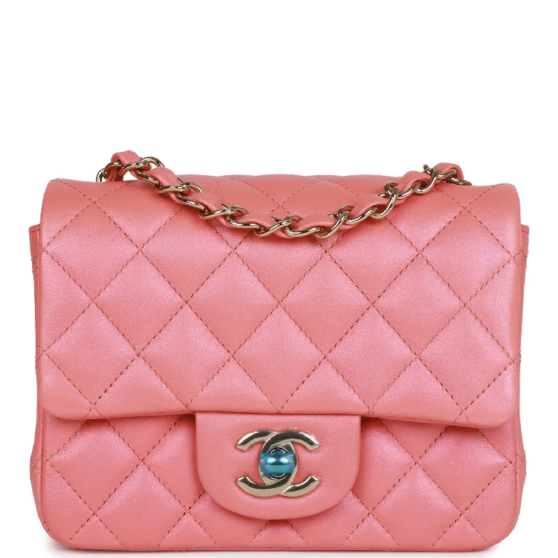 Chanel bags with iconic gold chainsChanel Mini Square Flap Bag Pink Lambskin Light Gold Hardware