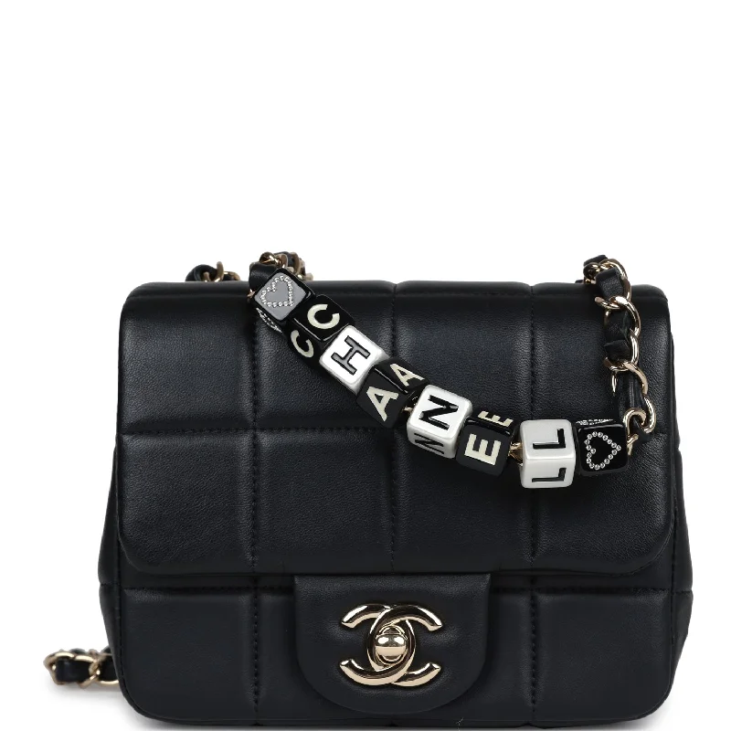 Chanel bags with intricate metal hardwarePre-owned Chanel Monaco Mini Square Flap Bag Black Lambskin Light Gold Hardware