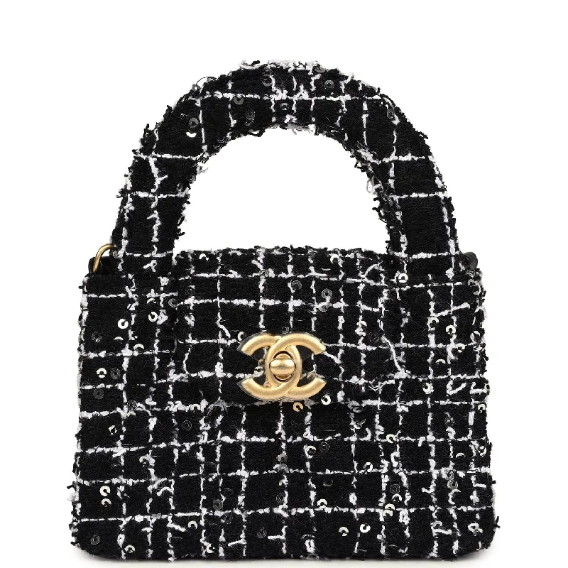 Chanel bags with exclusive seasonal releasesChanel Nano Kelly Shopper Black, White & Sequin Tweed Brushed Gold Hardware