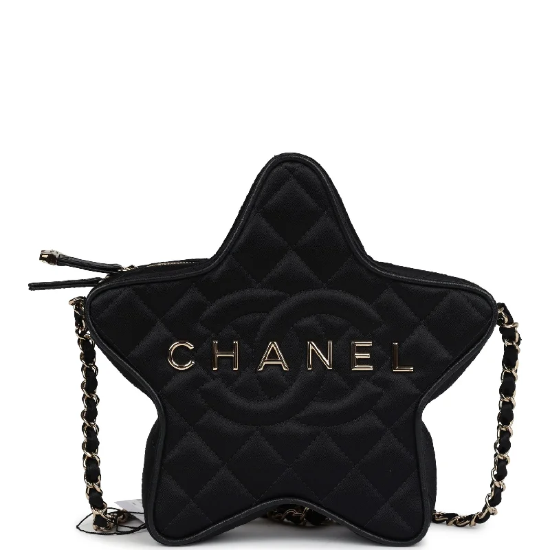 Chanel bags with intricate metal hardwareChanel Star Bag Black Satin Light Gold Hardware