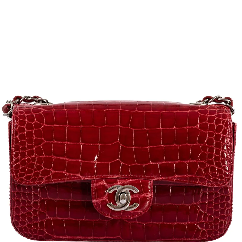 CHANEL Red Shiny Alligator Classic Mini Flap Bag with Silver Hardware