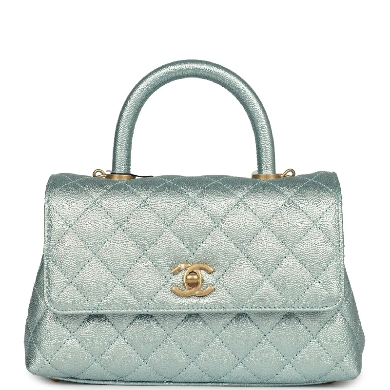 Chanel Designer Handbag with Unique DesignChanel Small Coco Handle Flap Bag Light Blue Iridescent Caviar Aged Gold Hardware