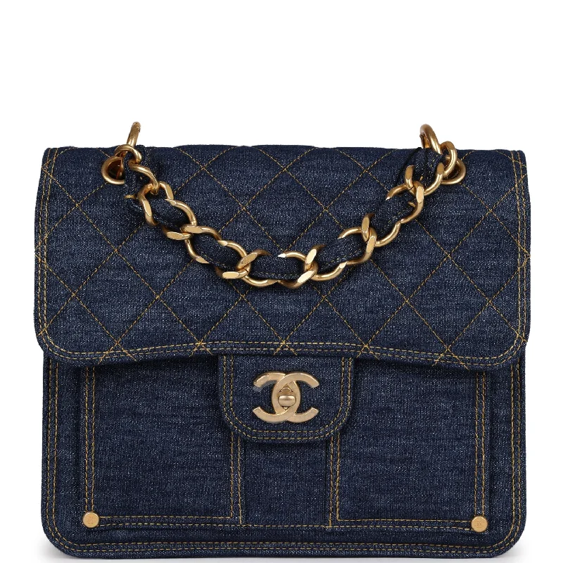 Chanel bags with classic and elegant designsChanel Square Flap Backpack Blue Denim Antique Gold Hardware