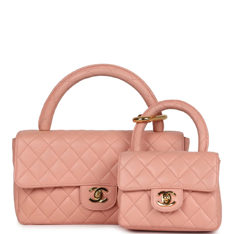 Chanel Quilted Leather Shoulder Bag for FashionistasVintage Chanel Kelly Parent and Child Flap Bag Set Pink Lambskin Gold Hardware