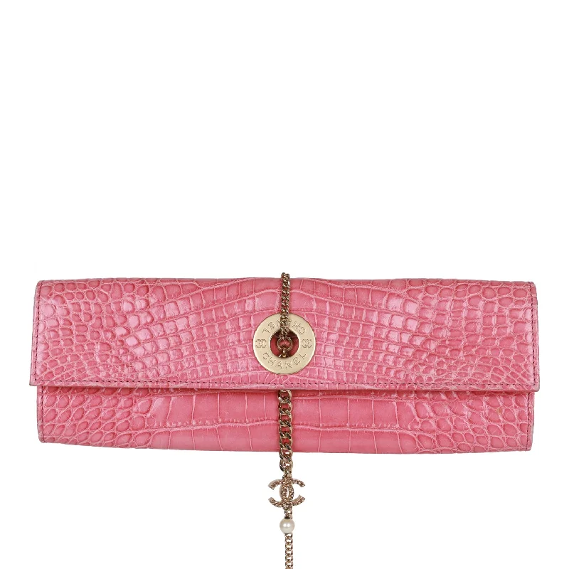 Chanel bags with iconic gold chainsVintage Chanel Chain Envelope Evening Clutch Bag Pink Crocodile Gold Hardware