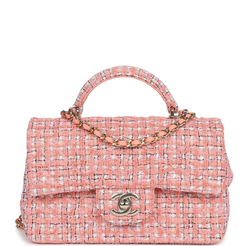 Chanel bags with gold, silver, and pearl accentsChanel Mini Rectangular Top Handle Flap Bag Coral Tweed Light Gold Hardware