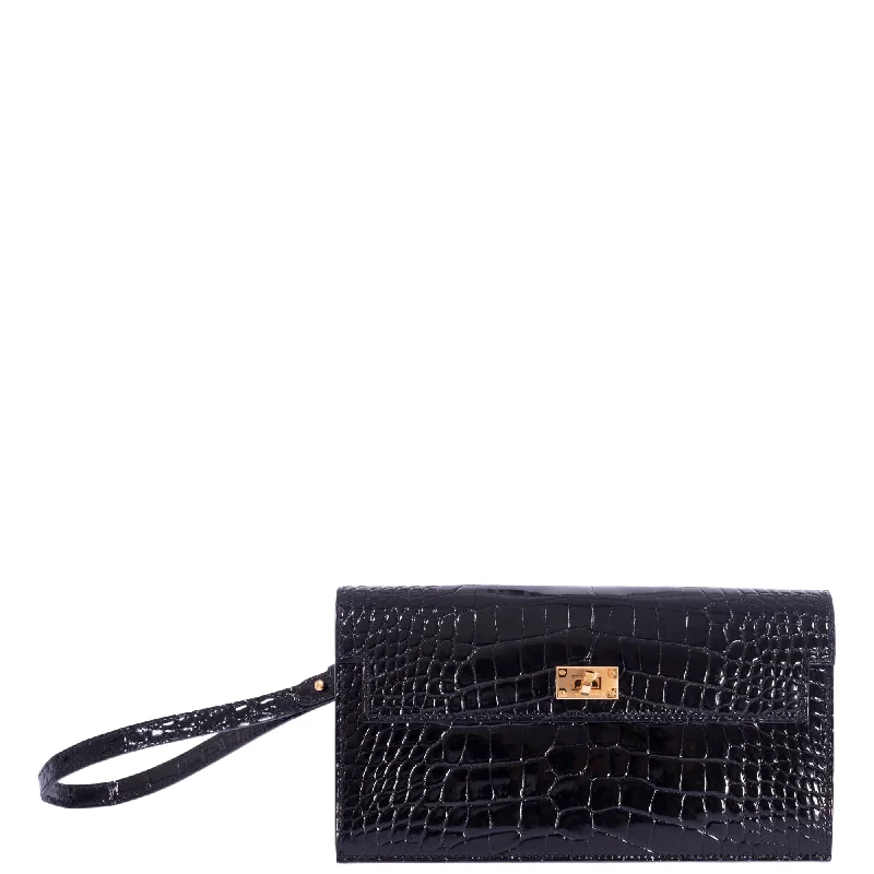 Hermès Kelly Bags with a contrast - colored interior liningHermees Kelly Pocket Long Wallet Black Alligator Gold Hardware