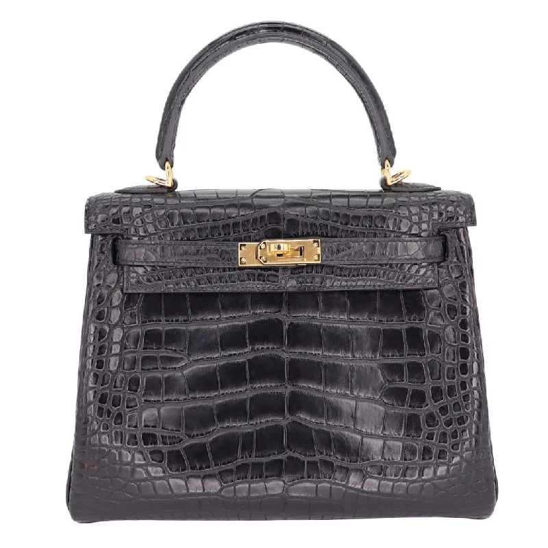 Hermès Kelly Bags with a contrast - colored interior liningHermès 25cm Kelly Retourne Black Matte Alligator Gold Hardware