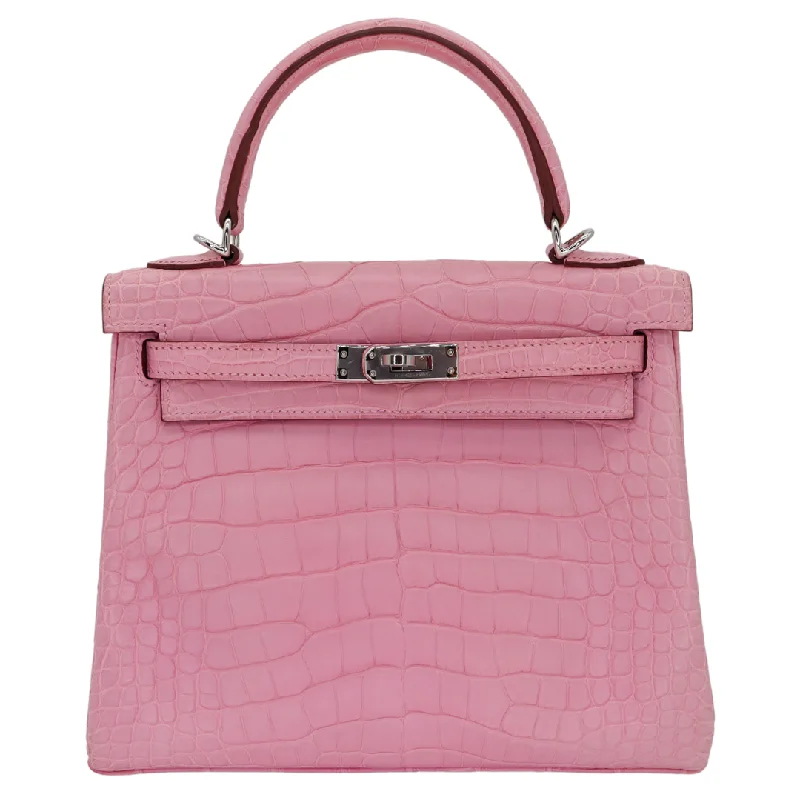 Hermès Kelly Bags with a detachable mobile phone holderHermès 25cm Kelly Retourne Bubblegum Matte Alligator Palladium Hardware