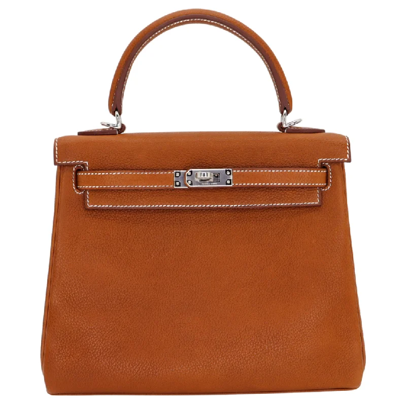 Hermès Kelly Bags with a crystal - embellished turnlock for added luxuryHermès 25cm Kelly Retourne Fauve Barenia Faubourg Leather Palladium Hardware