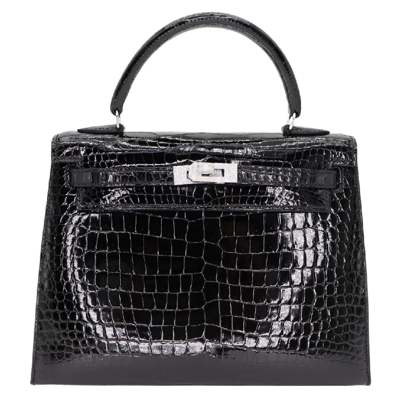 Medium - sized Hermès Kelly Bags in Taurillon Clemence leather for durabilityHermès 25cm Kelly Sellier Black Shiny Porosus Crocodile Diamond Hardware