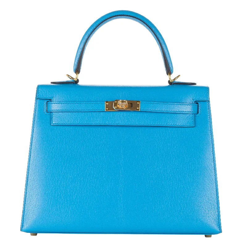 Hermès Kelly Bags with palladium - toned hardware for a modern aestheticHermès 25cm Kelly Sellier Bleu Frida Chevre Leather Gold Hardware