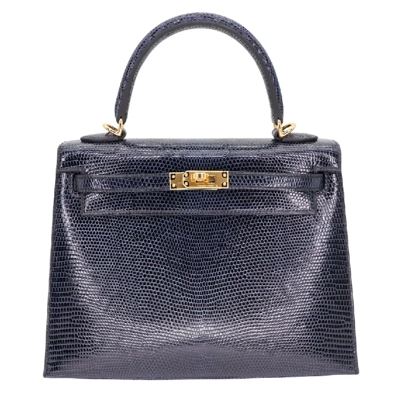 Hermès Kelly Bags in a bold tomato red for a fashion - forward statementHermès 25cm Kelly Sellier Bleu Indigo Shiny Lizard Gold Hardware