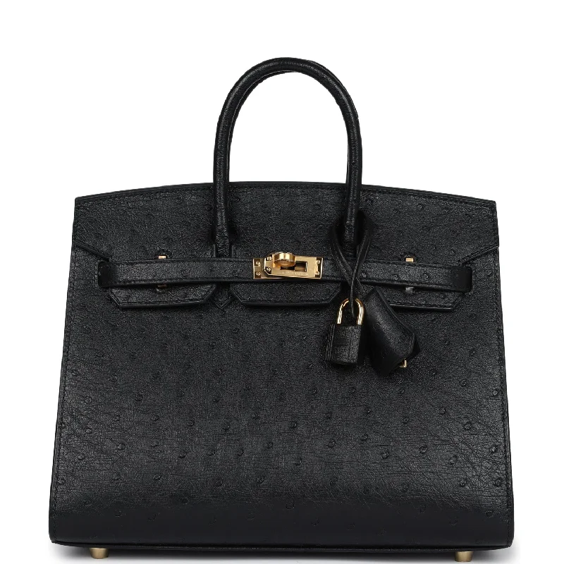 Hermès Kelly Bags with a magnetic - snap closure for easy accessHermes Birkin Bags with a Leather - Bound Handle for DurabilityHermes Birkin Sellier 25 Black Ostrich Gold Hardware