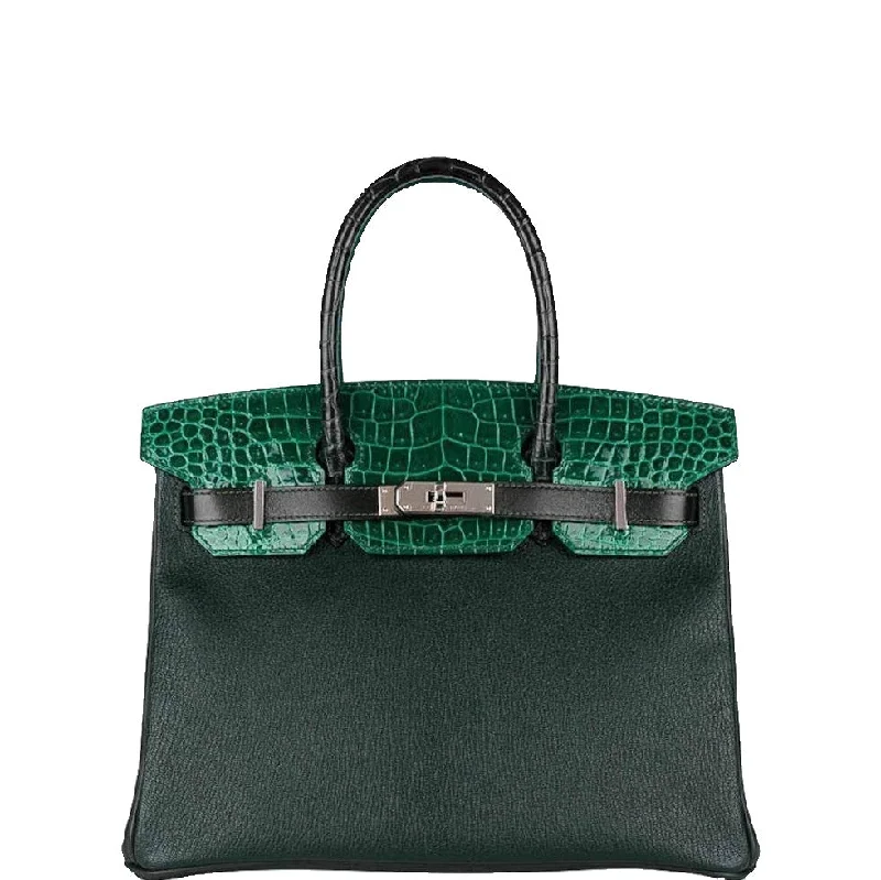 Hermès Kelly Bags with a leather - wrapped turnlock for added eleganceHermes Birkin Bags with a Braided Leather Handle for a Bohemian TouchHermès Birkin 30 Vert Emerald Porosus Crocodile, Vert Titien and Rose Azalée Patchwork Palladium Hardware