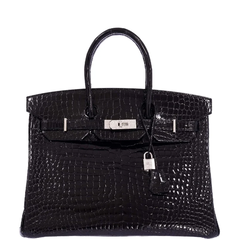 Hermès Kelly Bags with a hand - burnished edge finish for a vintage charmHermes Birkin Bags with a Leather - Lined Interior Pocket for Added ProtectionHermès Birkin 35 Black Shiny Porosus Crocodile 18K White Gold and Diamond Hardware