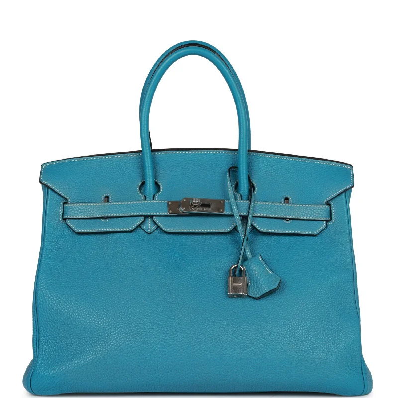 Hermès Kelly Bags with a hand - burnished edge finish for a vintage charmHermes Birkin Bags with a Leather - Lined Interior Pocket for Added ProtectionPre-owned Hermes Birkin 35 Blue Jean Togo Palladium Hardware