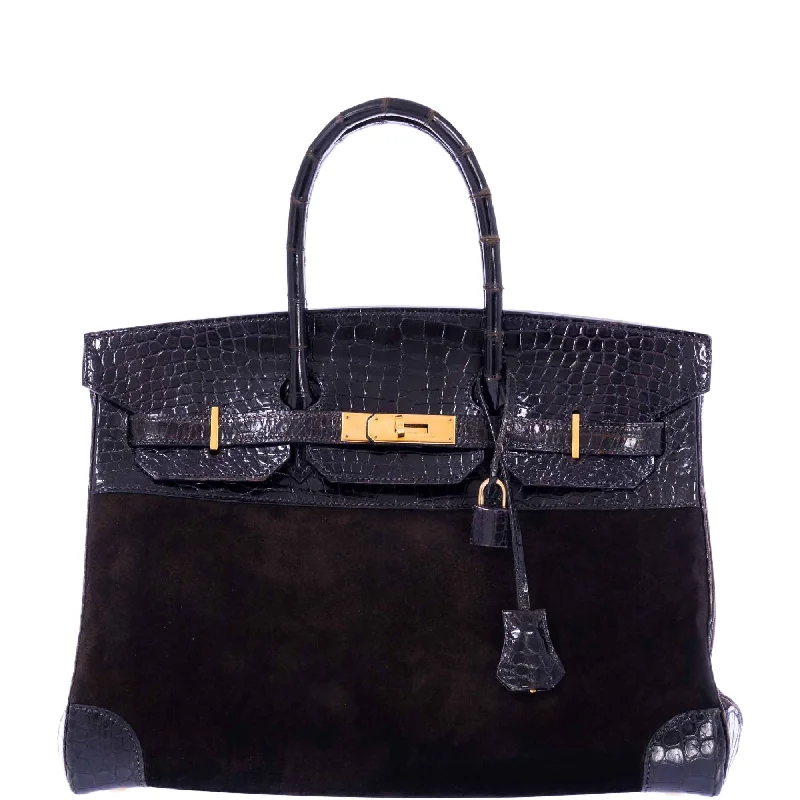 Hermès Kelly Bags with a flap - over closure and turnlock for a classic lookHermes Birkin Bags with a Zippered Interior Compartment for ValuablesHermès Birkin 35 Dark Chocolate Veau Doblis Suede & Black Porosus Crocodile with Gold Hardware