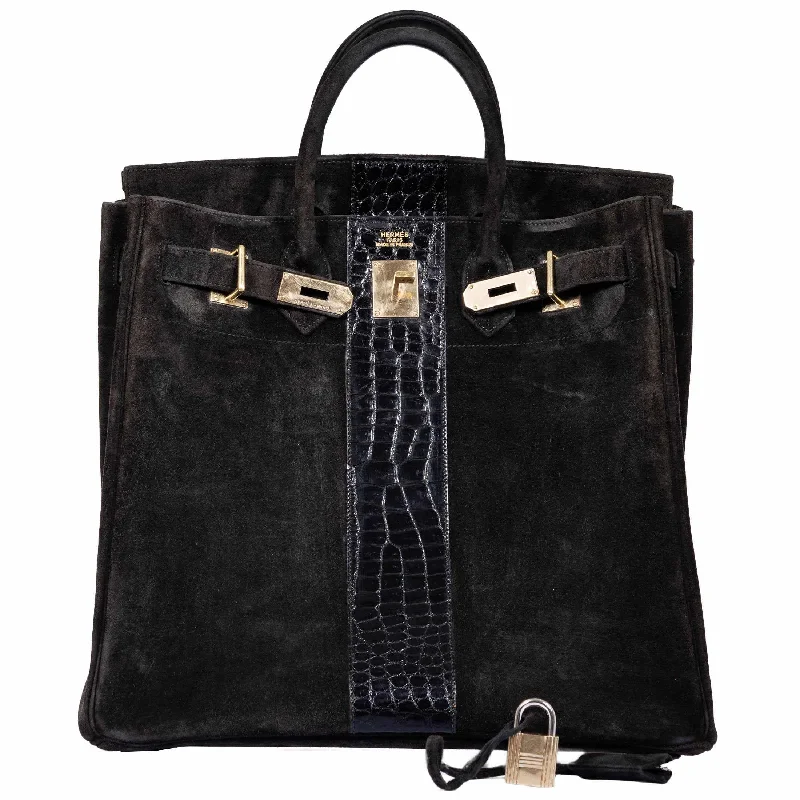 Hermès Kelly Bags with a snap - fastened front pocket for convenienceHermes Birkin Bags with a Studded Leather Trim for a Bold StatementHermès Birkin 40 HAC Black Doblis Suede and Crocodile Gold Hardware