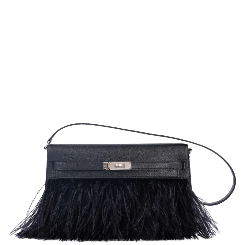 ·Hermès Feather Kelly Elan Black Chevre and Ostrich Feathers Palladium Hardware