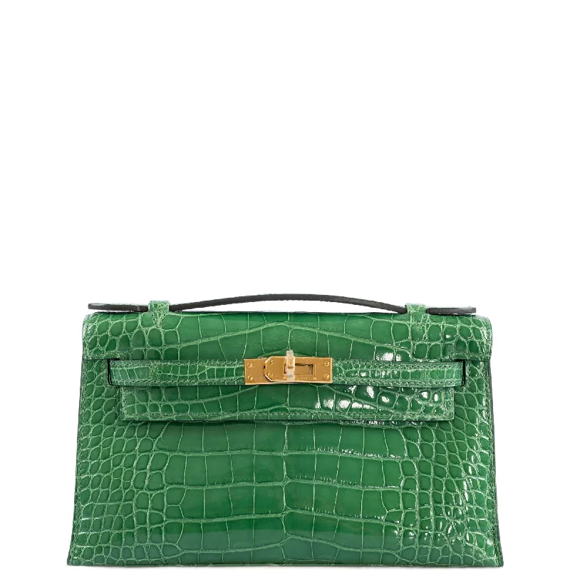 Hermès Kelly Bags with a magnetic - snap closure for easy accessHermès JPG Kelly Pochette Cactus Shiny Alligator Gold Hardware