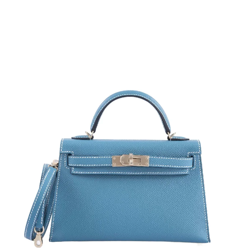 Hermès Kelly Bags in a neutral camel color for a versatile styleHermès Kelly 20 Mini II Sellier Blue Jean Epsom Palladium Hardware