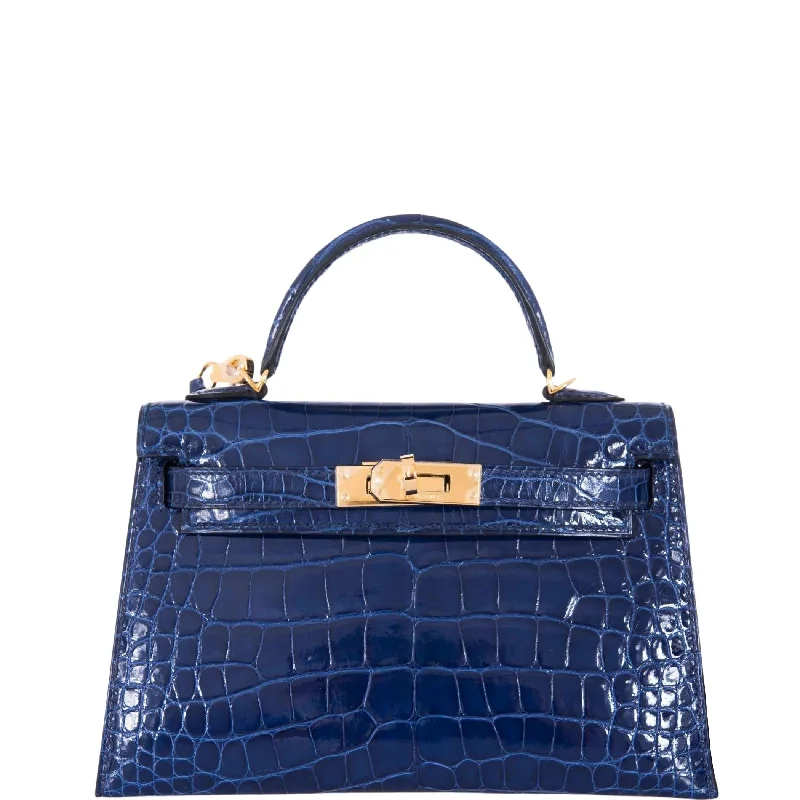 Hermès Kelly Bags in classic black Swift leather for timeless eleganceHermès Kelly 20 Mini II Sellier Blue Sapphire Alligator Gold Hardware