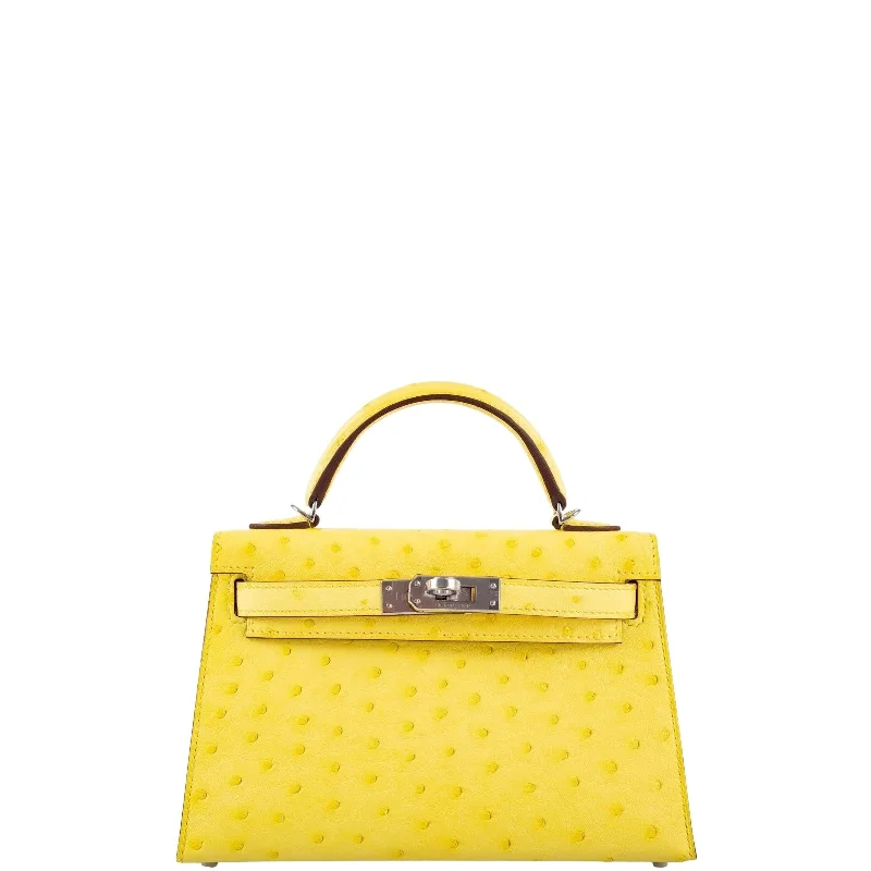 Hermès Kelly Bags with a metal - framed handle for durabilityHermès Kelly 20 Mini II Sellier Jaune Citron Ostrich Palladium Hardware